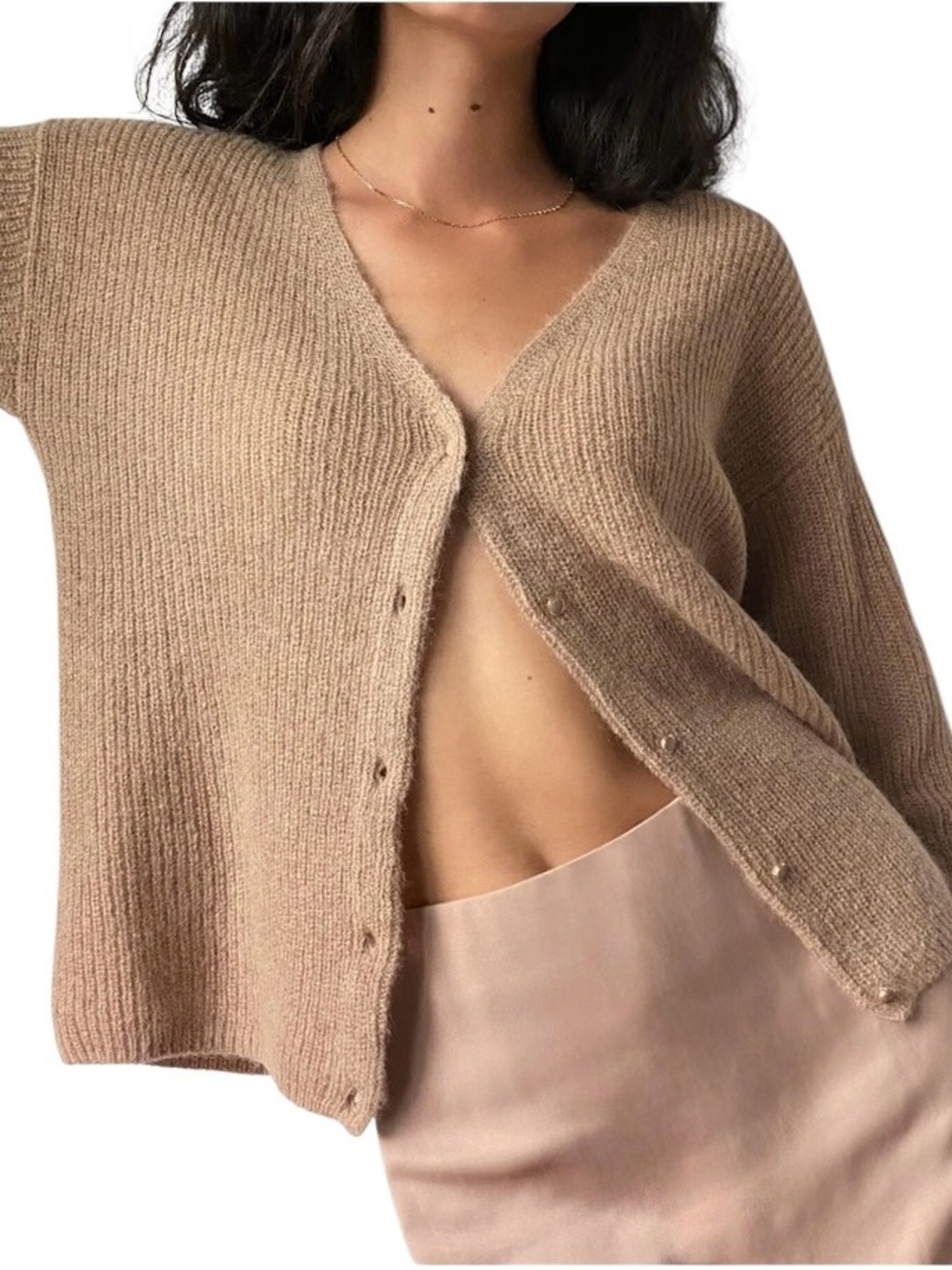 Wilfred Women's Large Front To Back Knit Cardigan Mohair Alpaca Blend Tan Camel